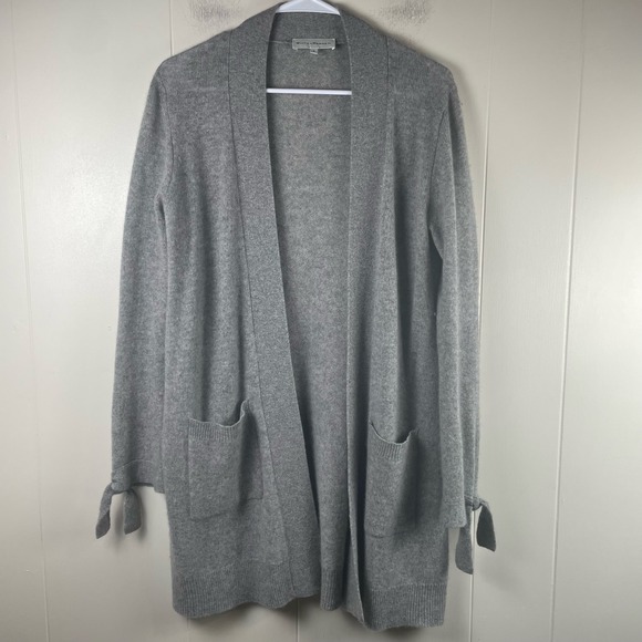 WHITE + WARREN Grey 100% Cashmere Long Sleeve Open Front Tie Cuff Cardigan S - Picture 1 of 8
